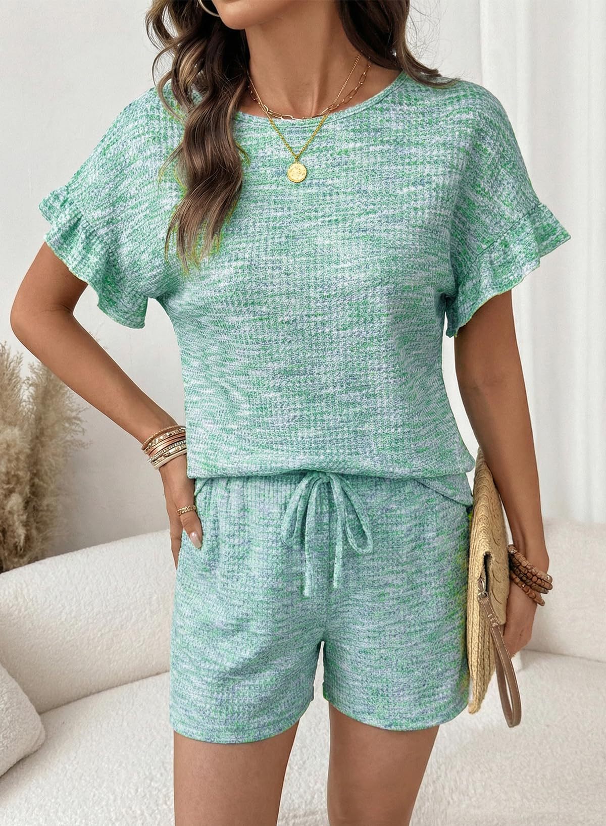 Textured Knit Lounge Set Ruffle Sleeve Drawstring