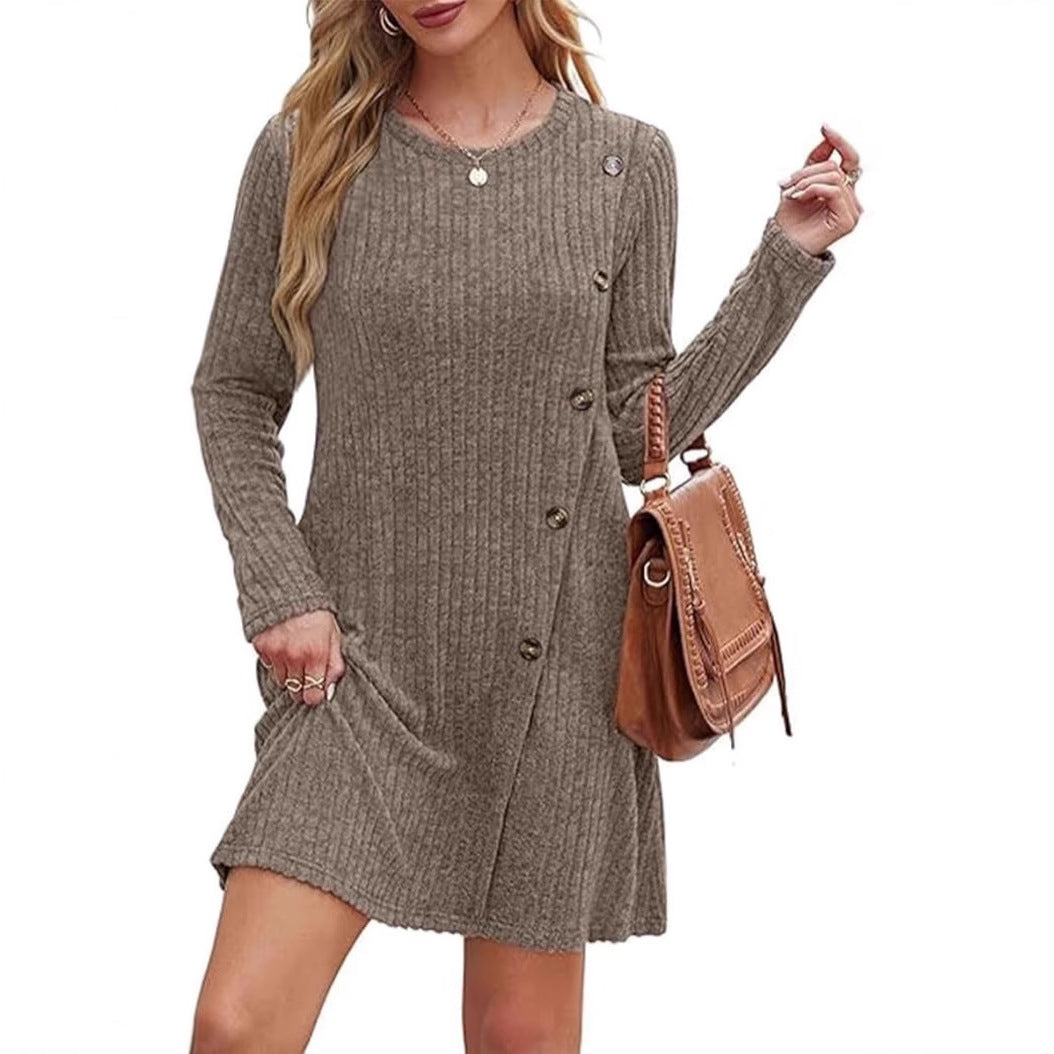 Ribbed Long Sleeve Dress with Side Buttons & Pockets