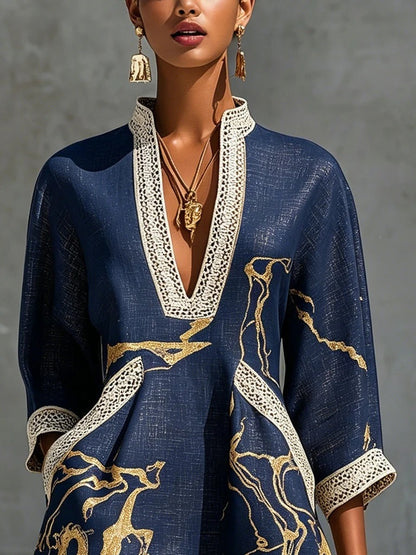 Boho V Neck Lace Trim Gold Abstract 3/4 Sleeve Mini Dress