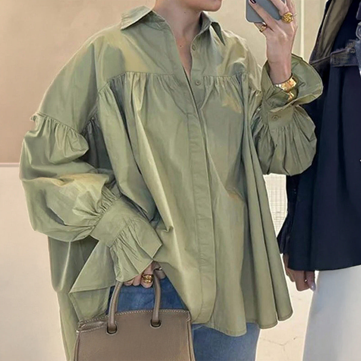 Oversized Puff Sleeve Button Down Shirt Relaxed Casual Blouse
