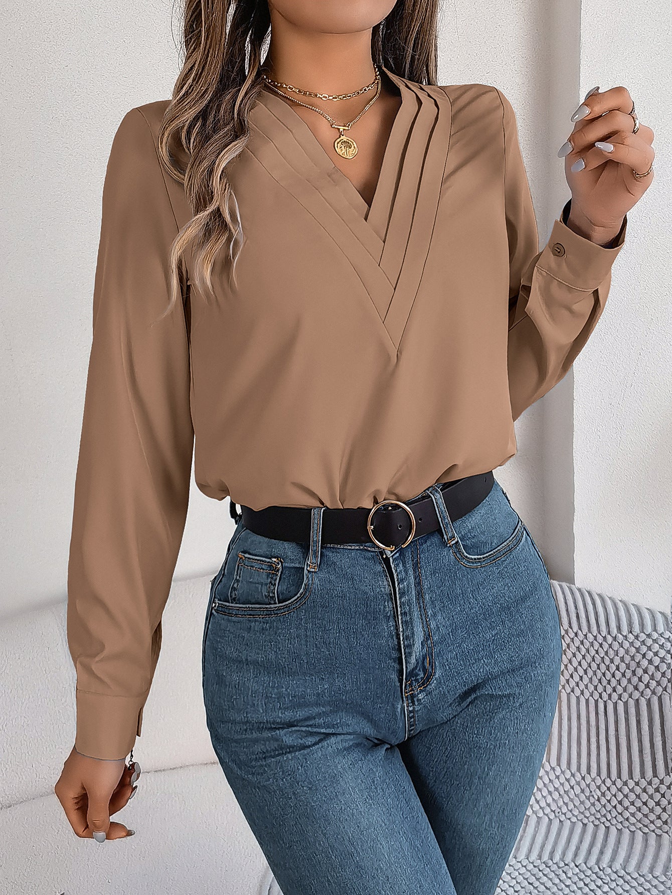 Elegant Layered V-Neck Long Sleeve Blouse – 2025 Fall/Winter
