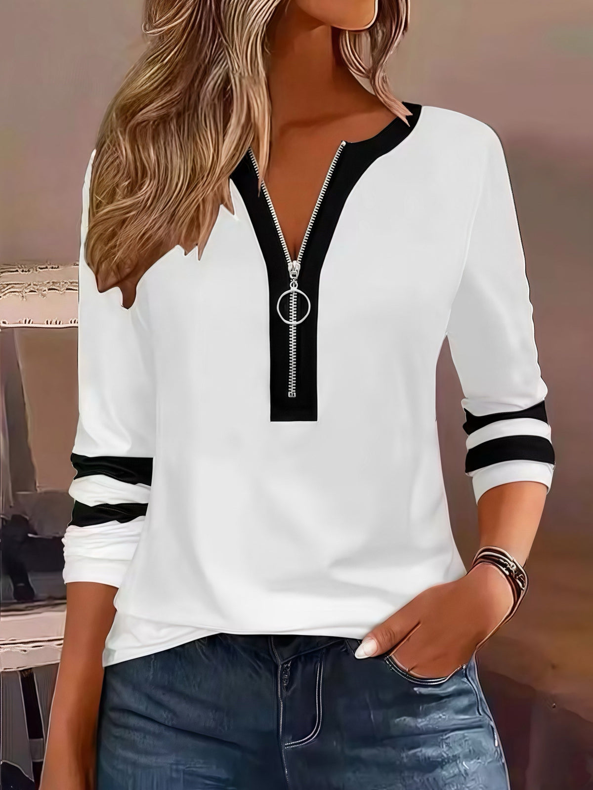 Women's Color Block Quarter Zip Long Sleeve Plus Size Top