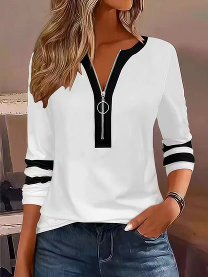 Women's Color Block Quarter Zip Long Sleeve Plus Size Top