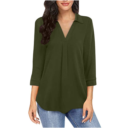 Women's V Neck Chiffon Blouse 3/4 Sleeve Loose Button Top