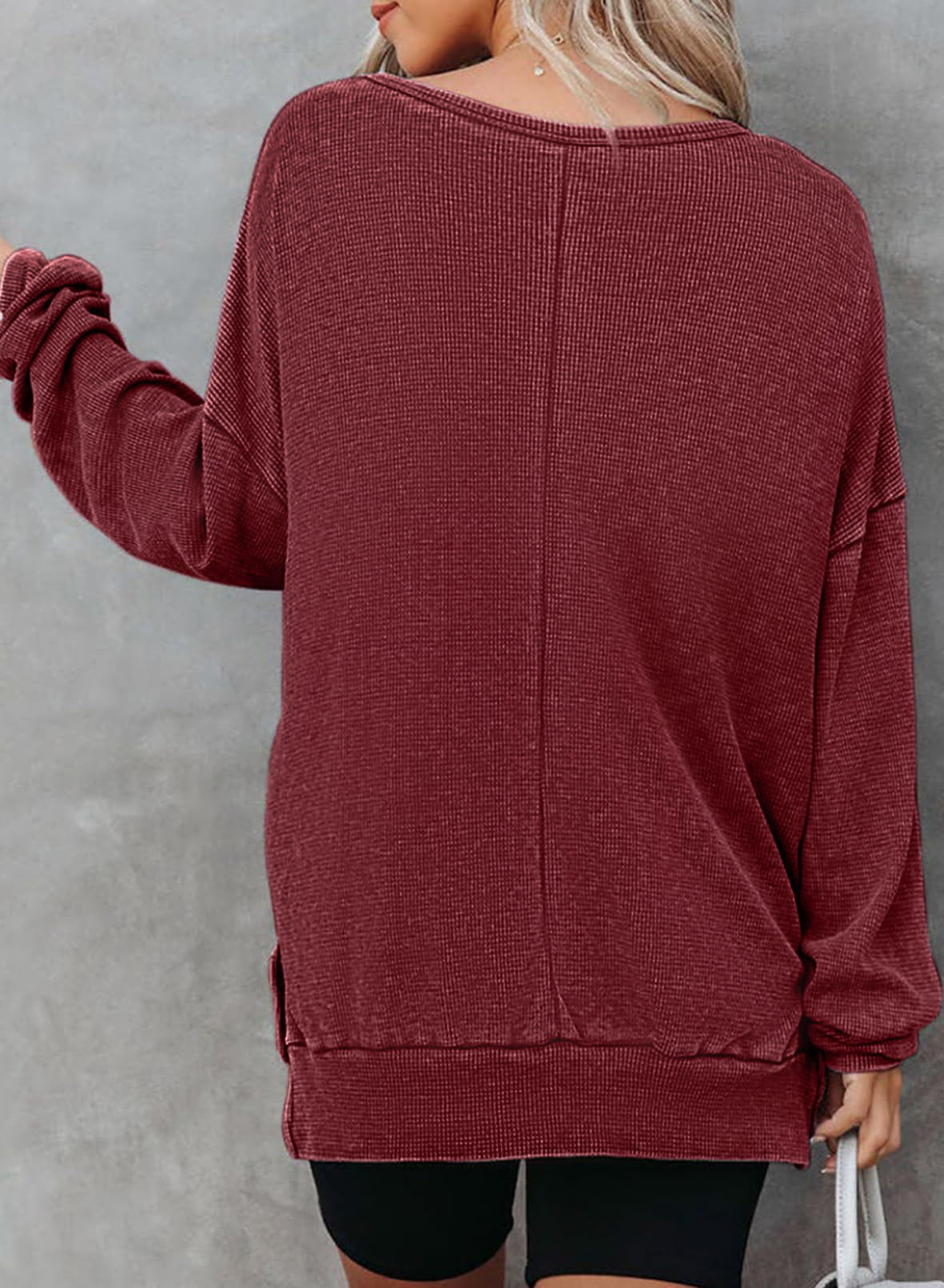Waffle Split Hem Sweatshirt Women Casual Long Sleeve Top