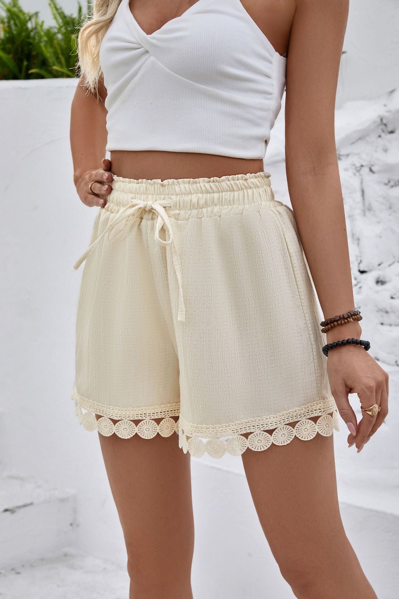 Lace Trim Drawstring Shorts Casual Beach Summer Bottoms