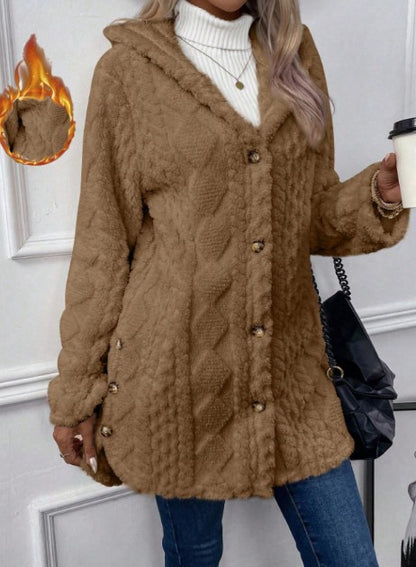 Women's Fuzzy Hooded Button Cardigan Winter Warm Coat