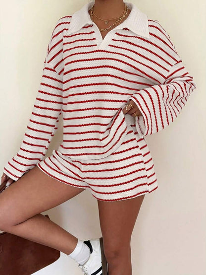 Striped Polo Lounge Set Long Sleeve Top & Shorts Set
