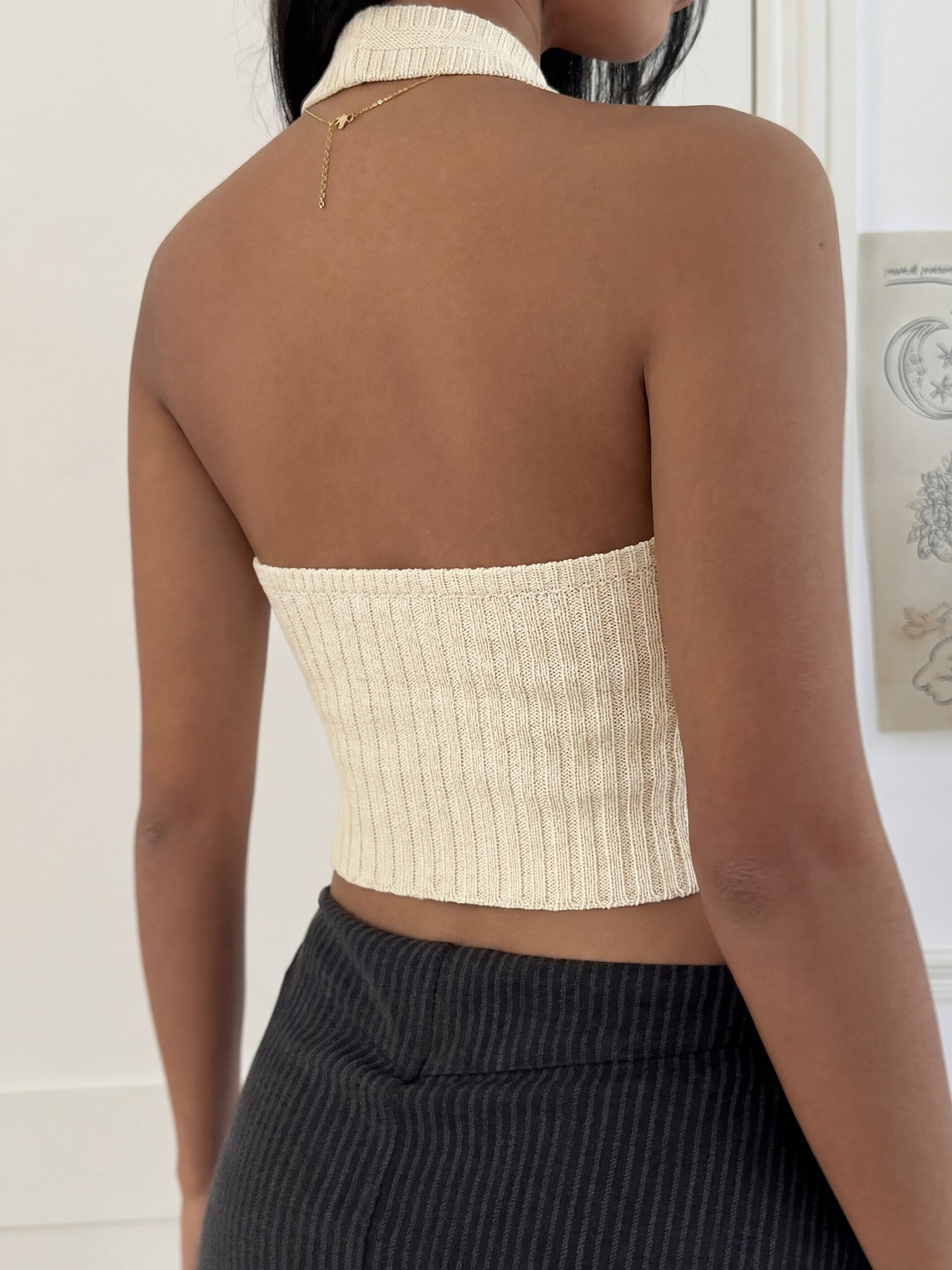 Women's Ribbed Halter Crop Top Backless Sexy Tank
