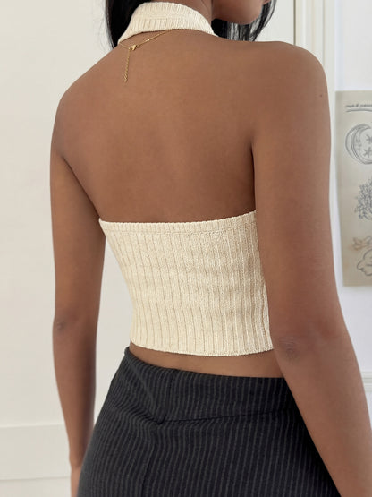 Women's Ribbed Halter Crop Top Backless Sexy Tank