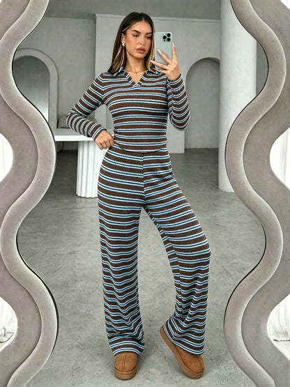 Striped Colorblock Collar Long Sleeve Top & Pants Set