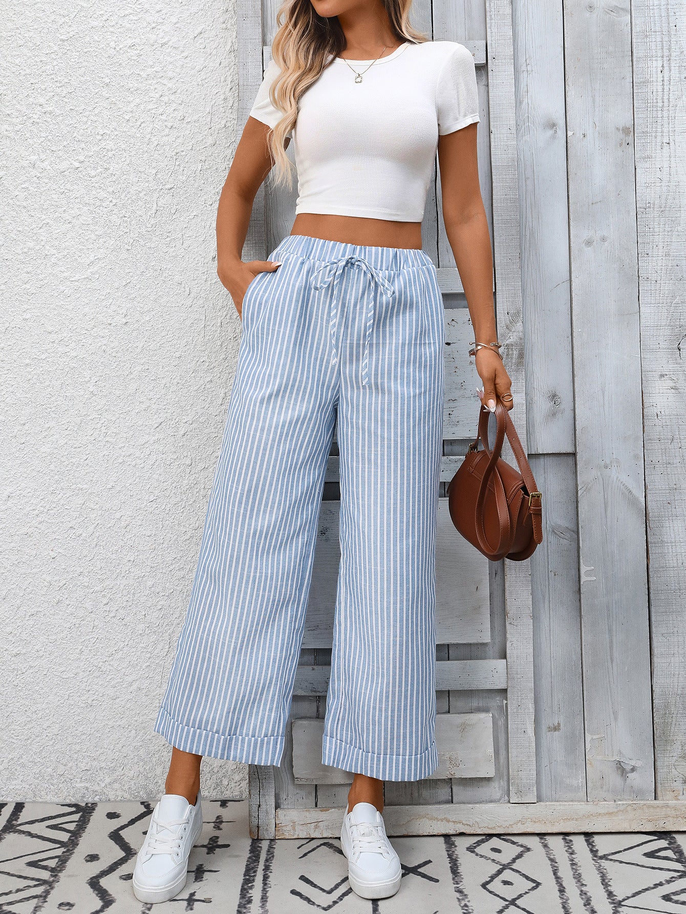 Striped High Waist Drawstring Wide Leg Summer Pants