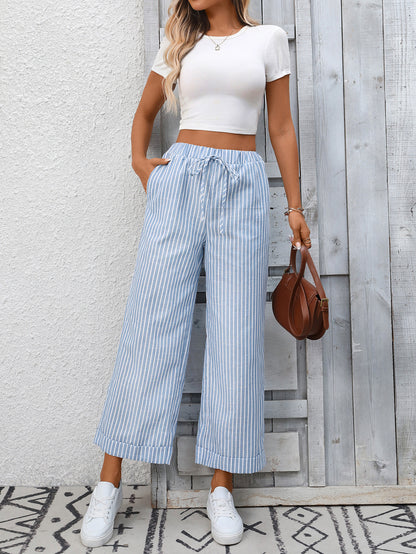 Striped High Waist Drawstring Wide Leg Summer Pants