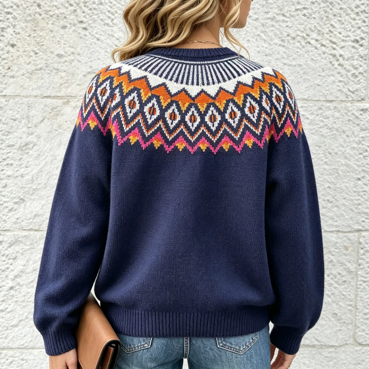 Women's Oversized Fair Isle Crew Neck Knit Sweater