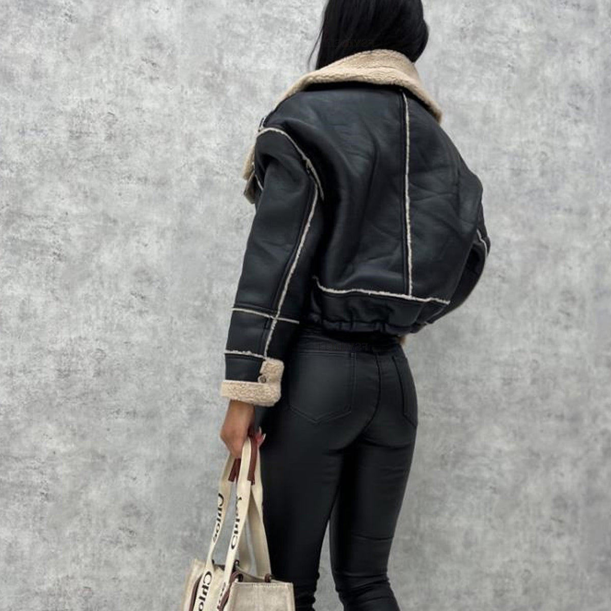 Womens Faux Leather Sherpa Cropped Moto Jacket