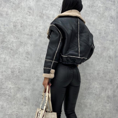 Womens Faux Leather Sherpa Cropped Moto Jacket