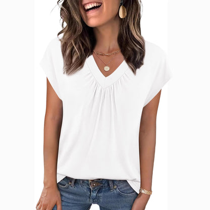 V-Neck Loose Fit Top – Casual Summer Short Sleeve Tee