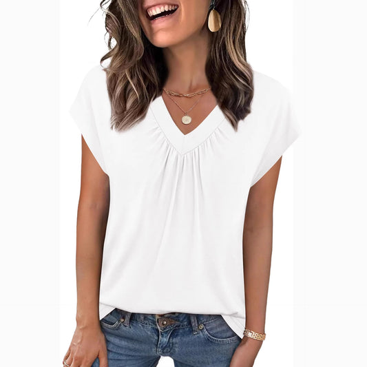 V-Neck Loose Fit Top – Casual Summer Short Sleeve Tee