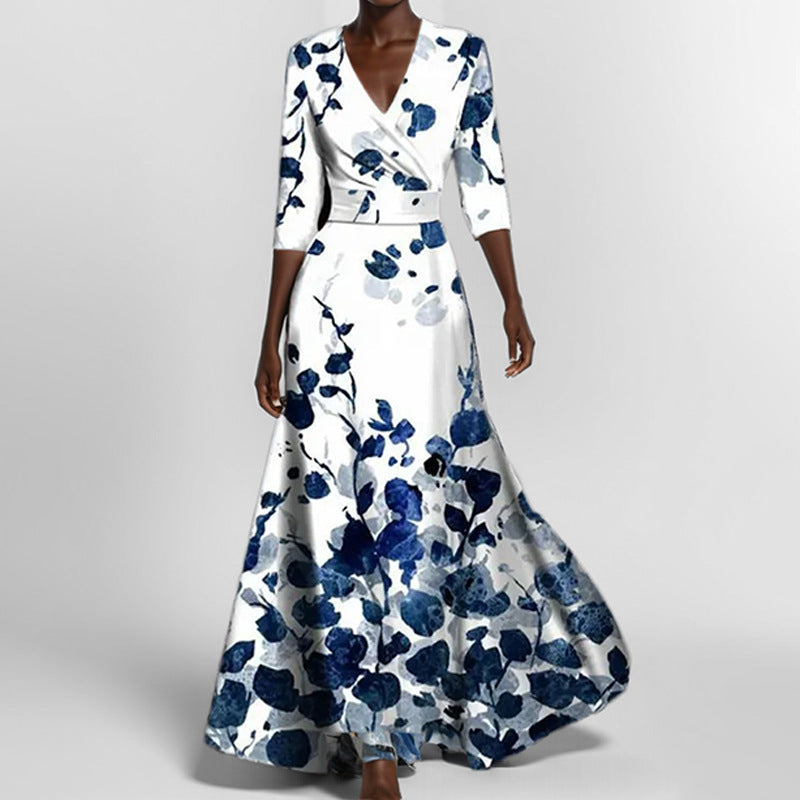 Floral V-Neck Maxi Dress Smocked Waist Half Sleeve
