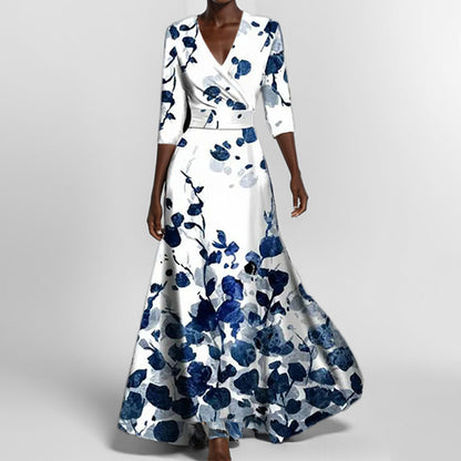 Floral V-Neck Maxi Dress Smocked Waist Half Sleeve