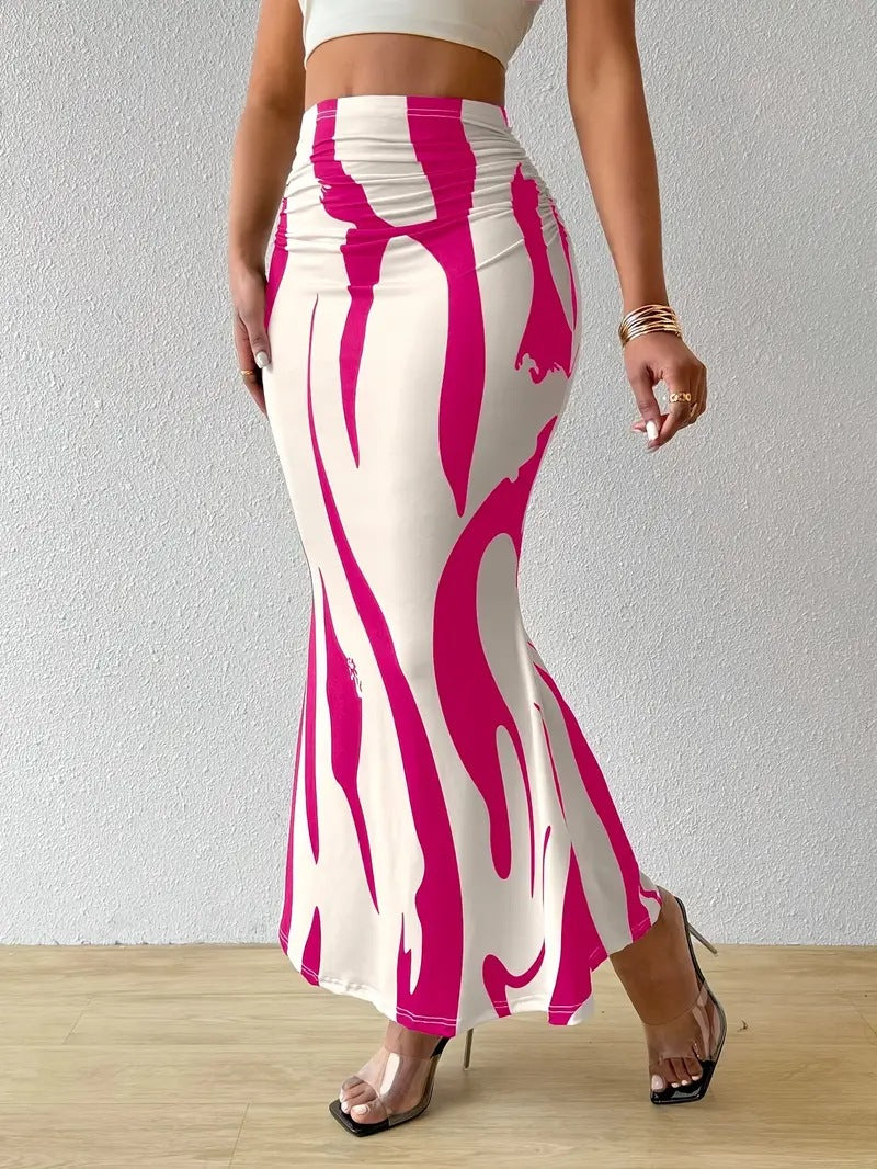 Zebra Print High Waist Ruched Bodycon Maxi Skirt