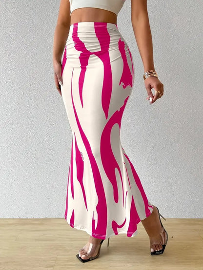 Zebra Print High Waist Ruched Bodycon Maxi Skirt