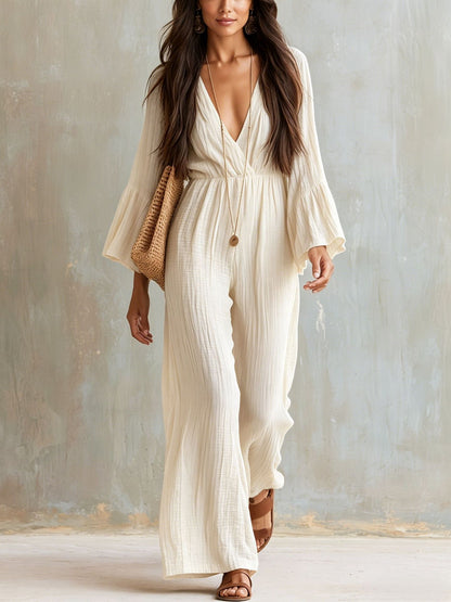 Women's Boho V-Neck Bell Sleeve Wide Leg Jumpsuit