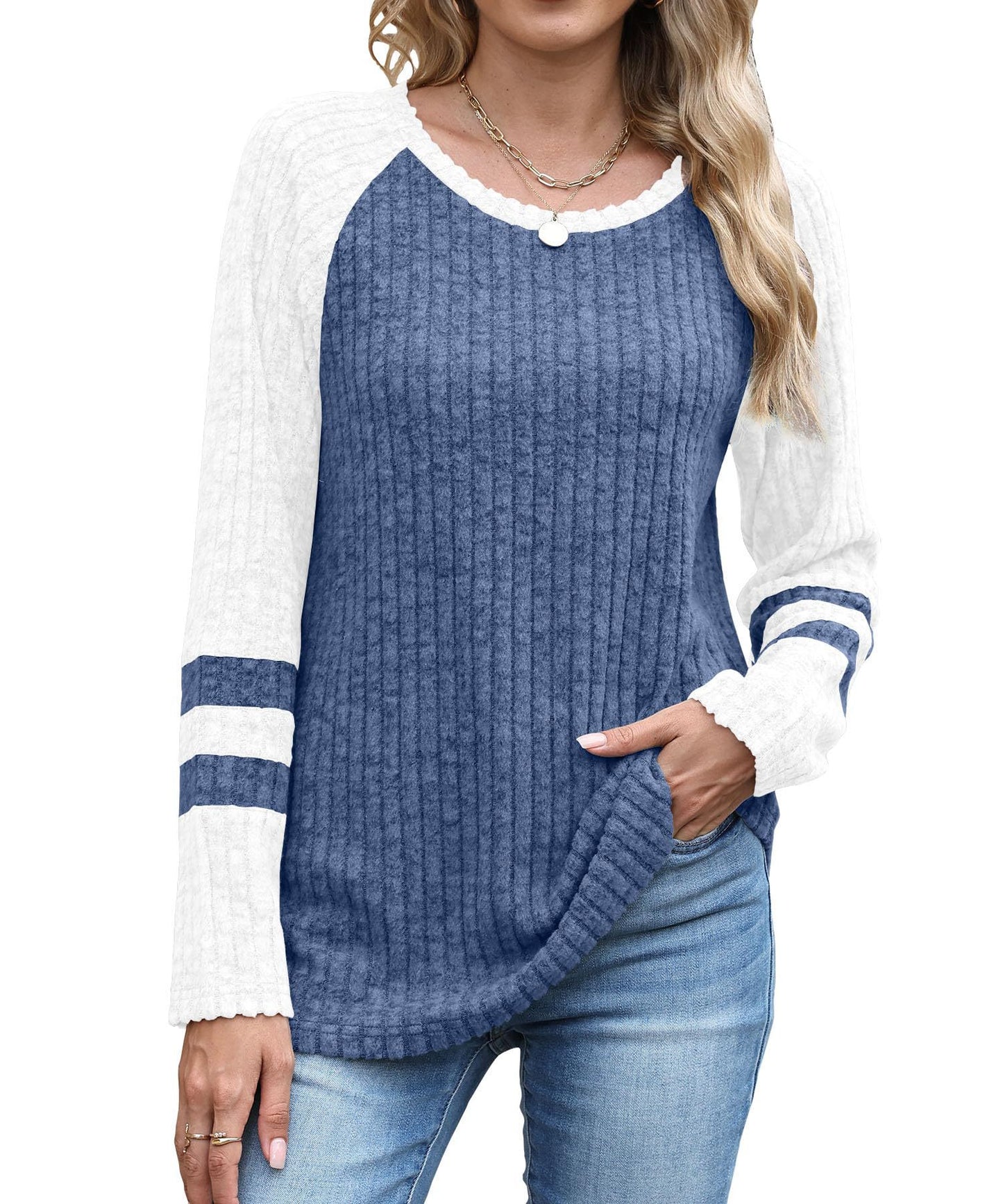 Colorblock Ribbed Knit Sweater Women Casual Pullover Top