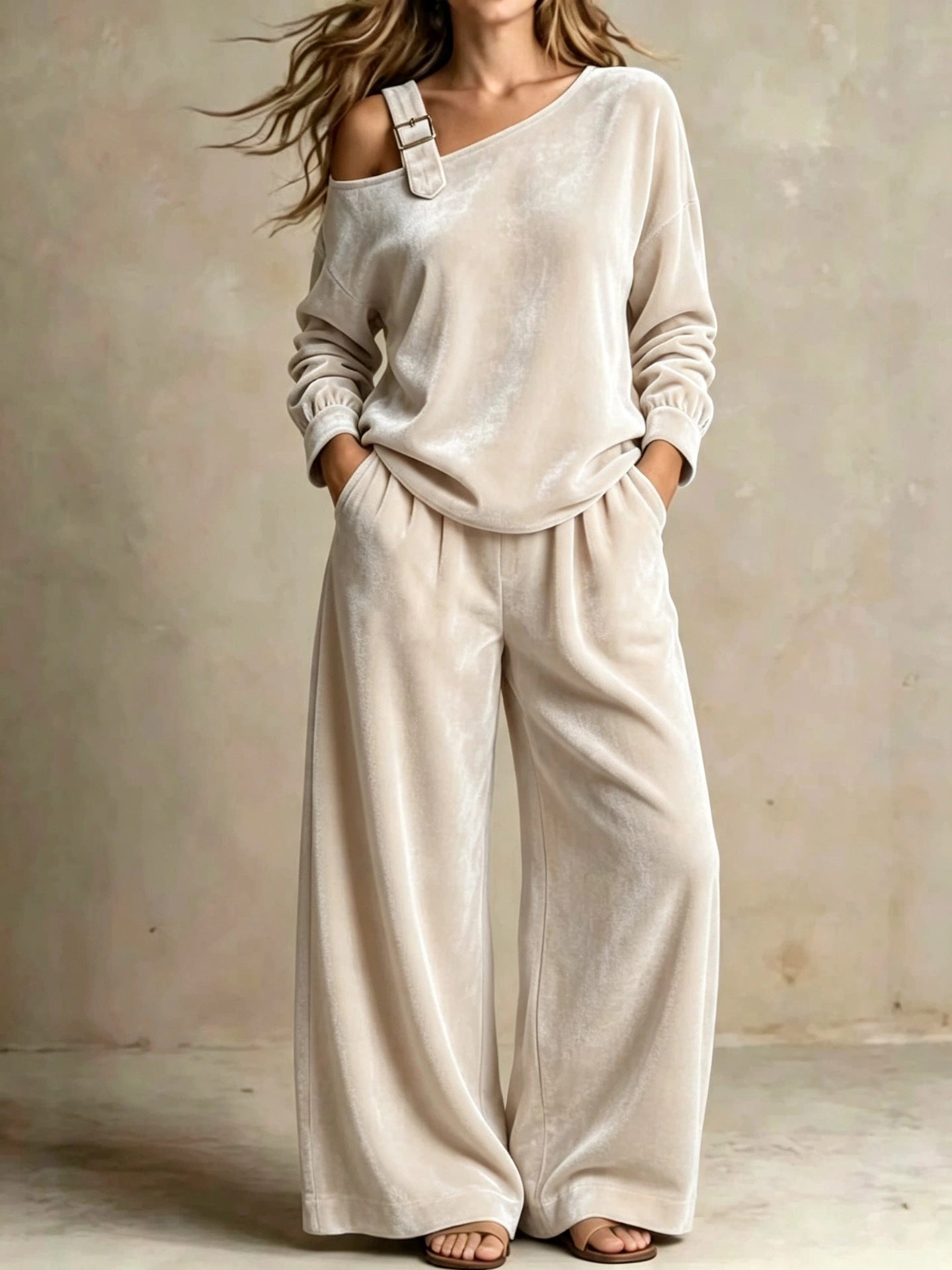 Women's Velvet One Shoulder Two Piece Set Wide Leg Pants