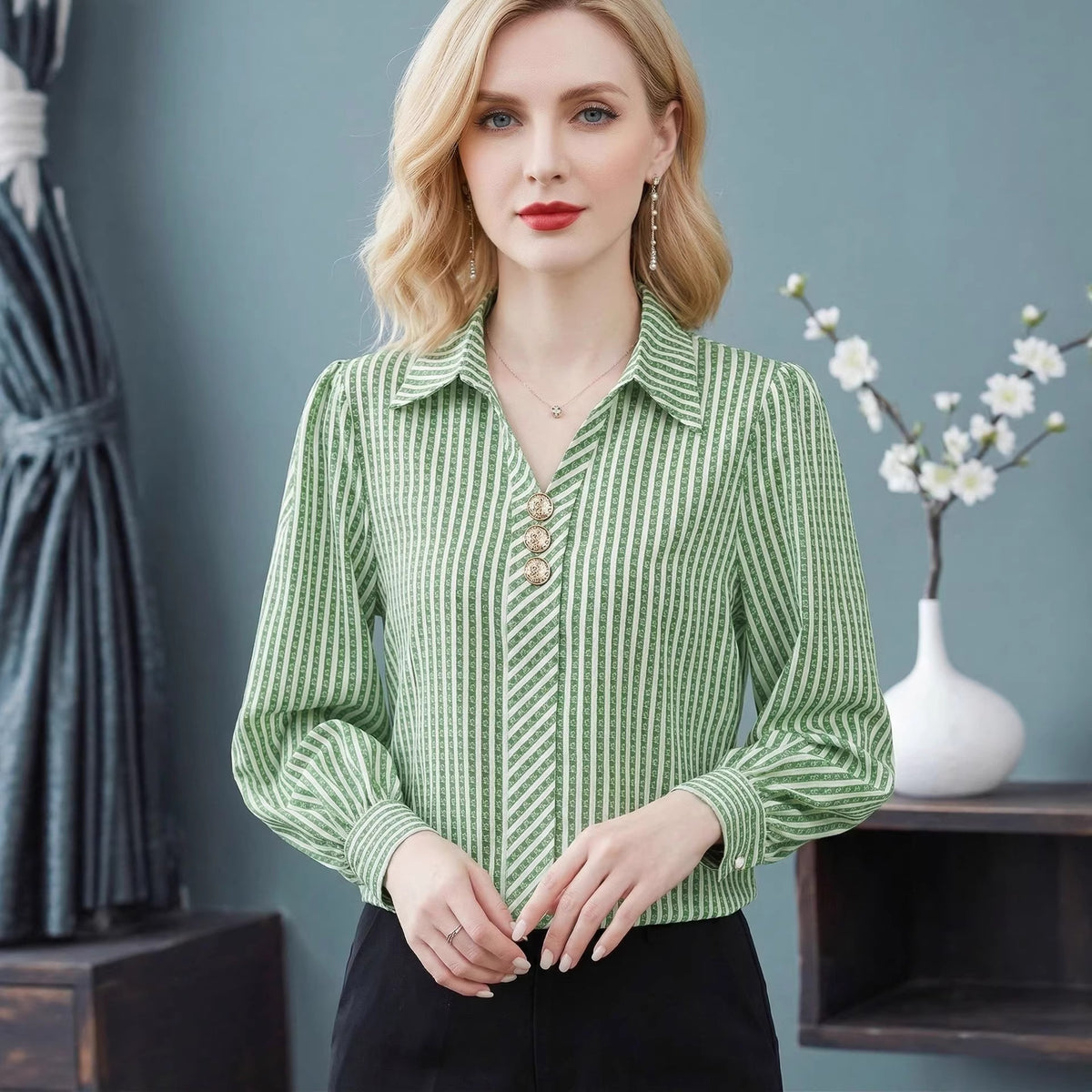 Women's Striped V Neck Collared Long Sleeve Blouse