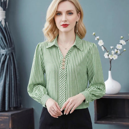 Women's Striped V Neck Collared Long Sleeve Blouse