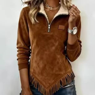 Women's Faux Suede Fringe Hem Quarter Zip Sherpa Pullover