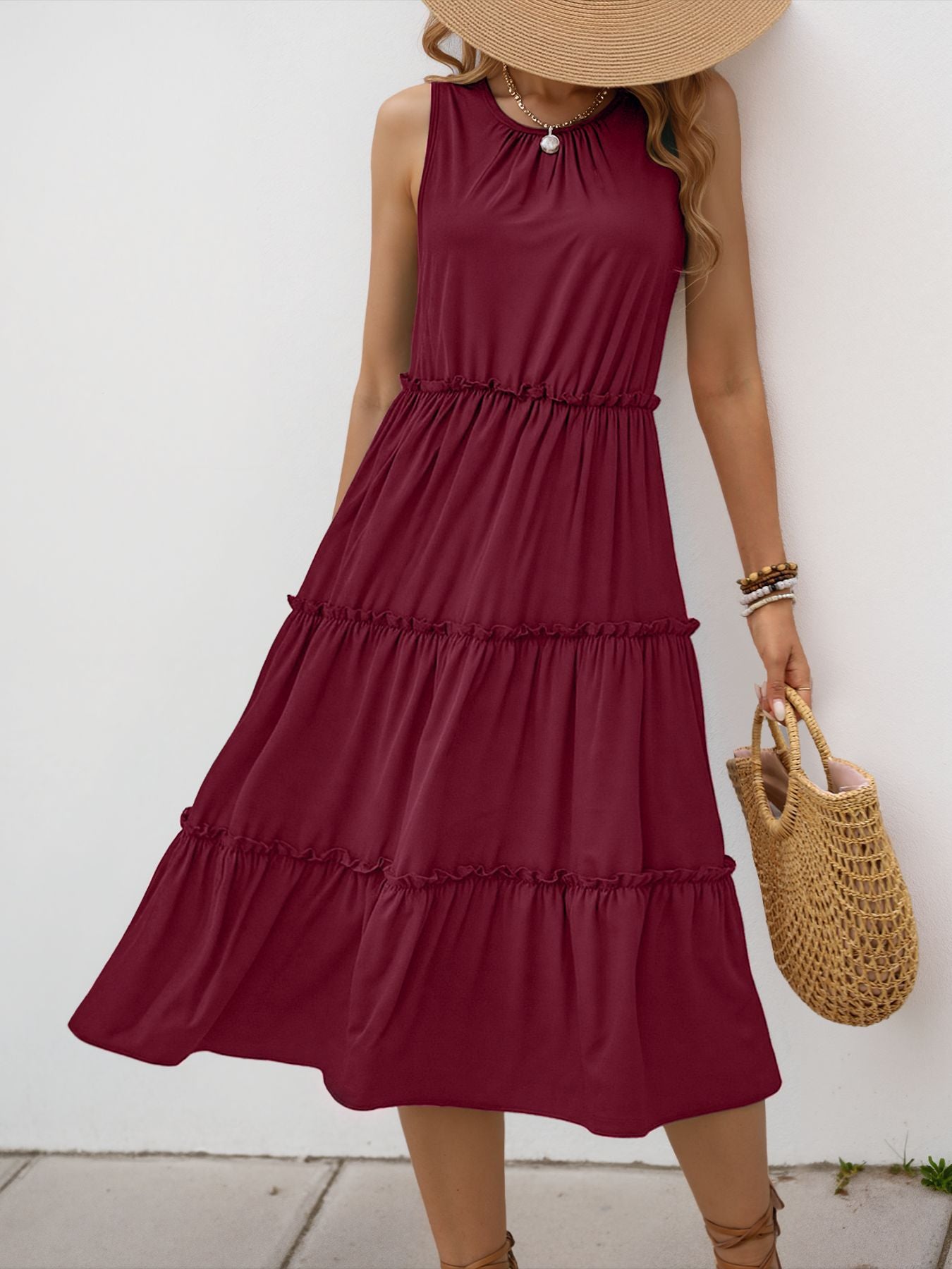 Sleeveless Ruffle Dress High Waist Elegant Midi