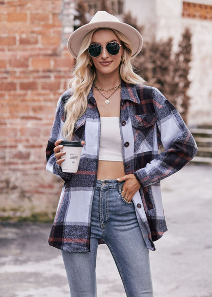 Plaid Flannel Shacket Button Front Pocket Oversized Jacket