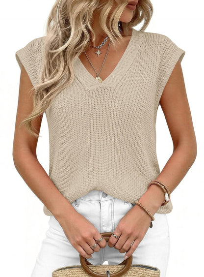 V Neck Knit Sweater Vest Sleeveless Loose Summer Top