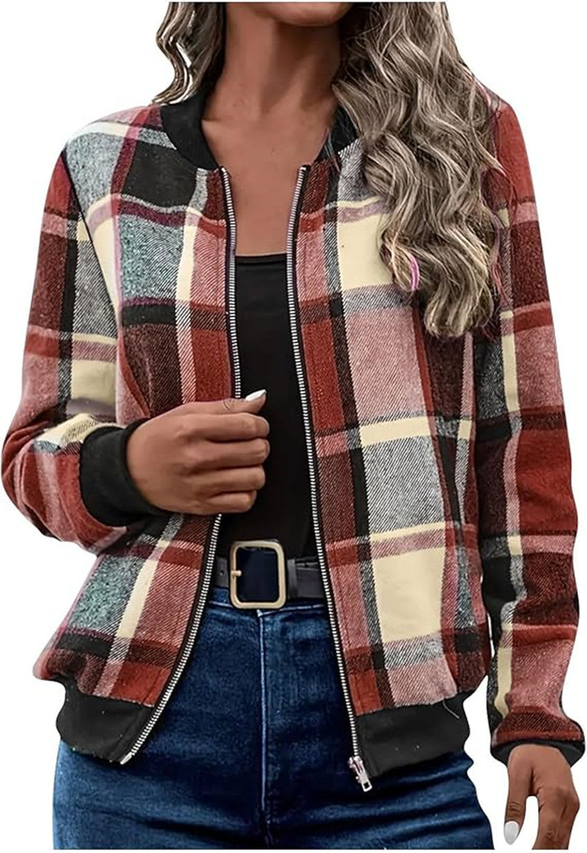 Women's Plaid Zip-Up Bomber Jacket Casual