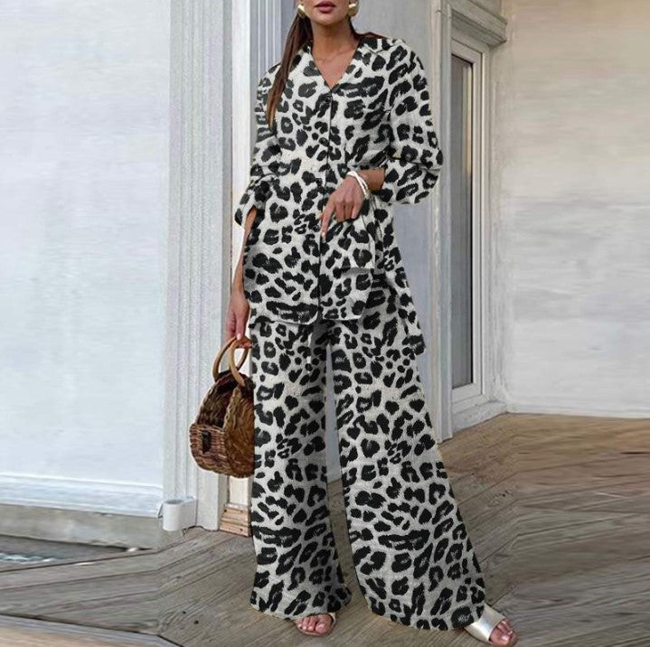Women's Leopard Print Button Down Shirt Wide Leg Pants Set