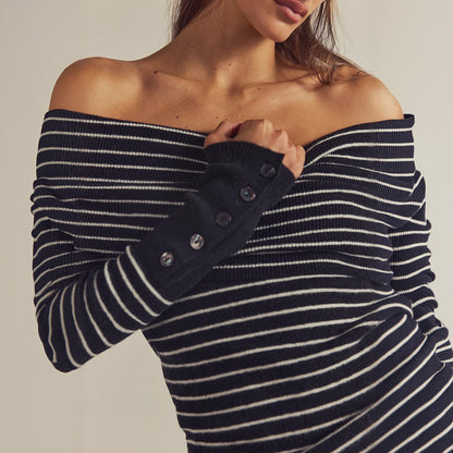 Off Shoulder Striped Long Sleeve Fitted Knit Sweater