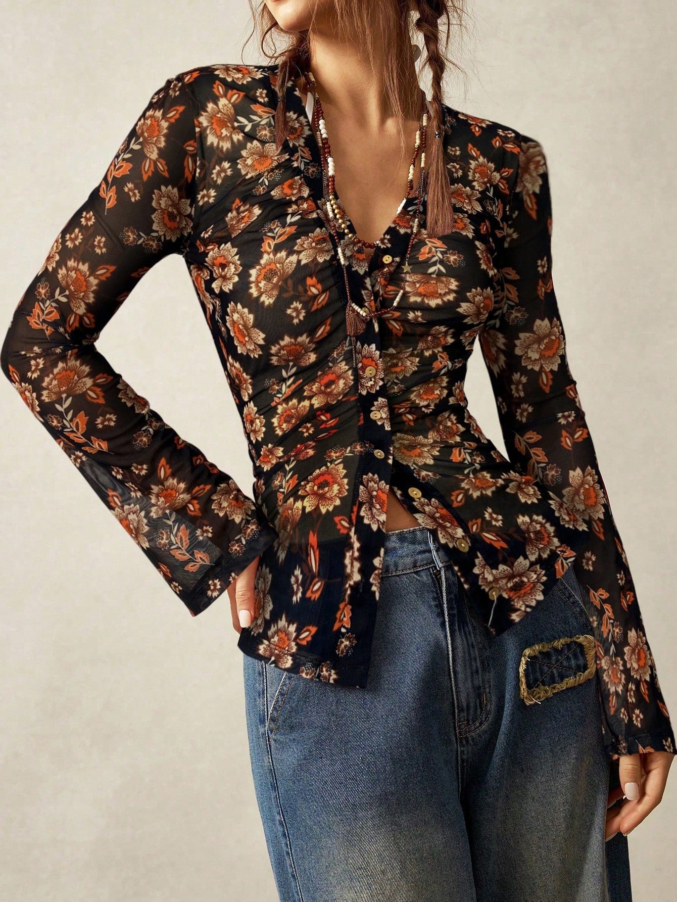 Vintage Floral Print V Neck Button Front Slim Fit Blouse