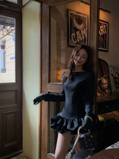 Balletcore Long Sleeve Ruffle Hem Mini Dress