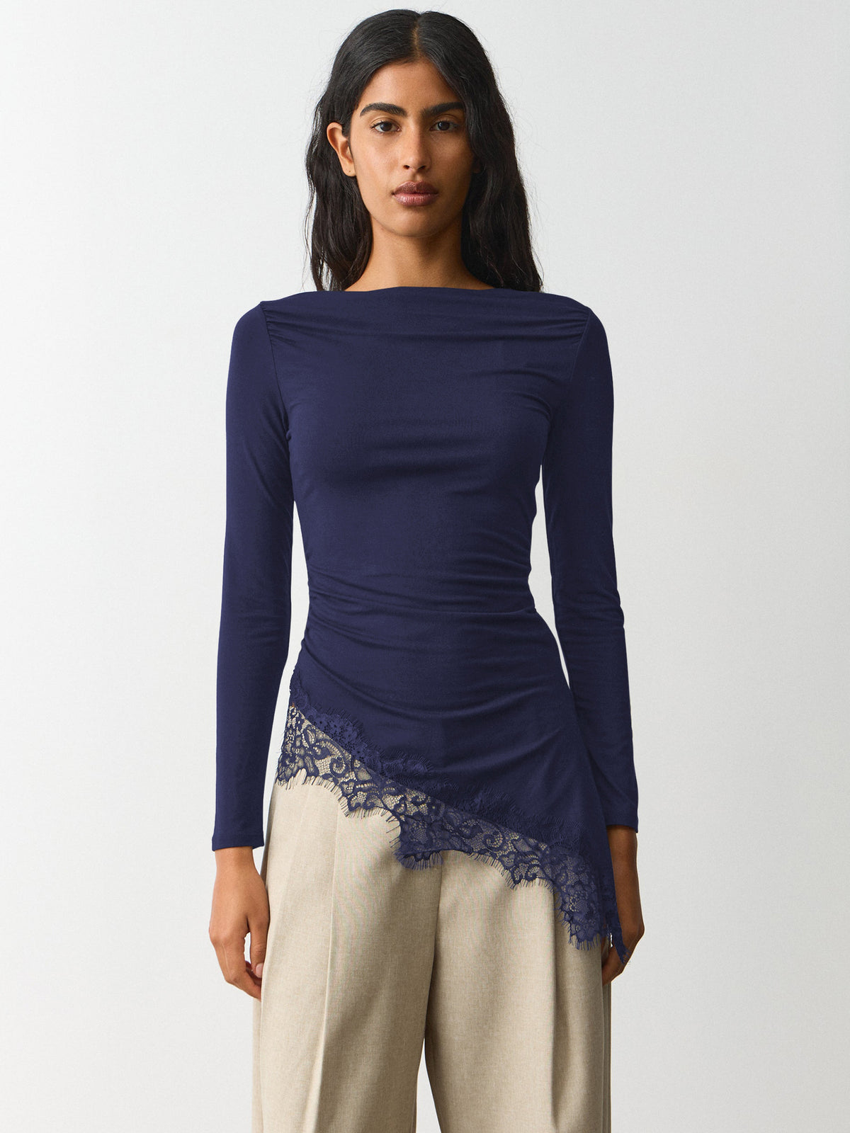Lace Trim Long Sleeve Fitted Sexy Going Out Top