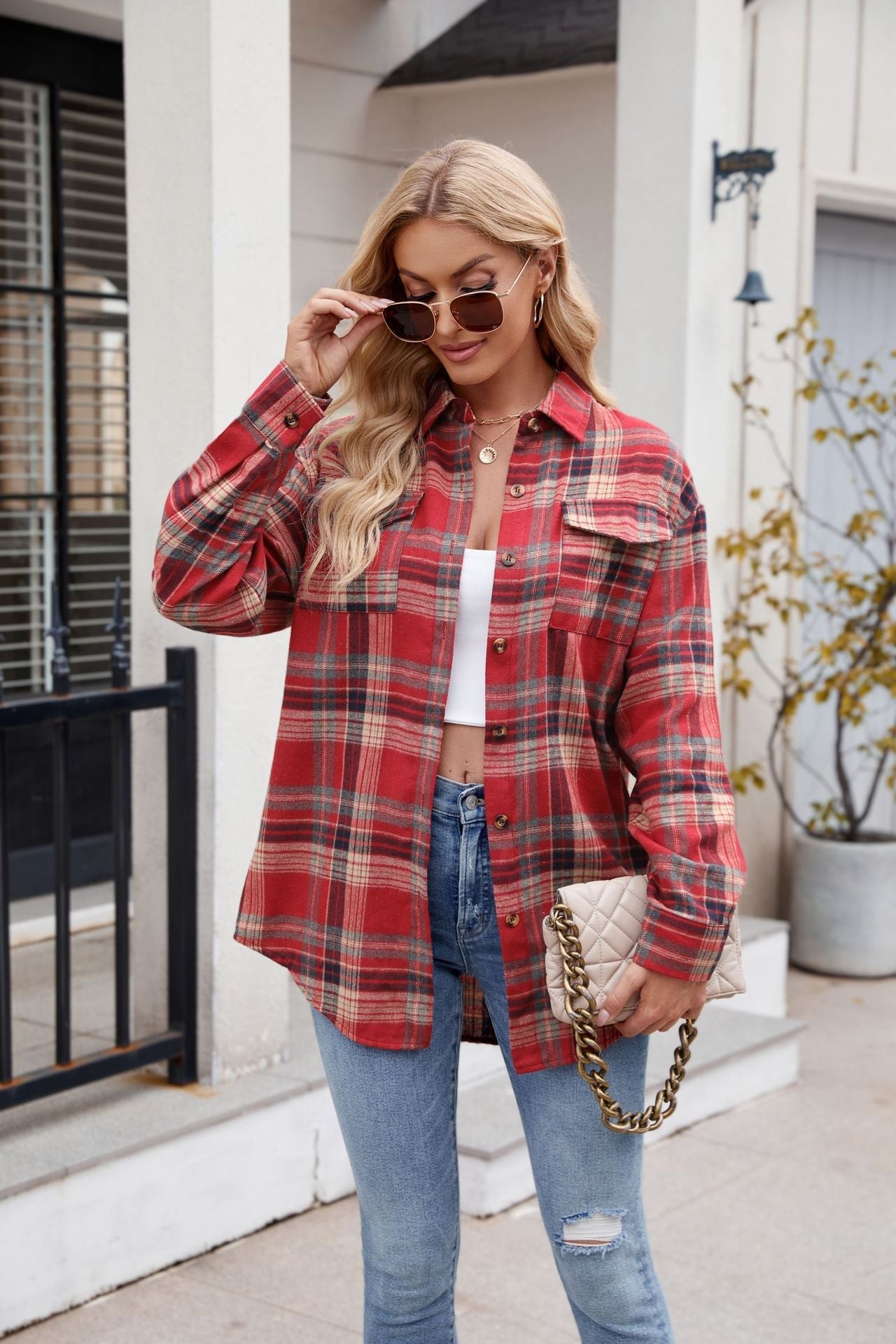 Women’s Casual Plaid Shirt with Pockets Loose Fit Fashion Top