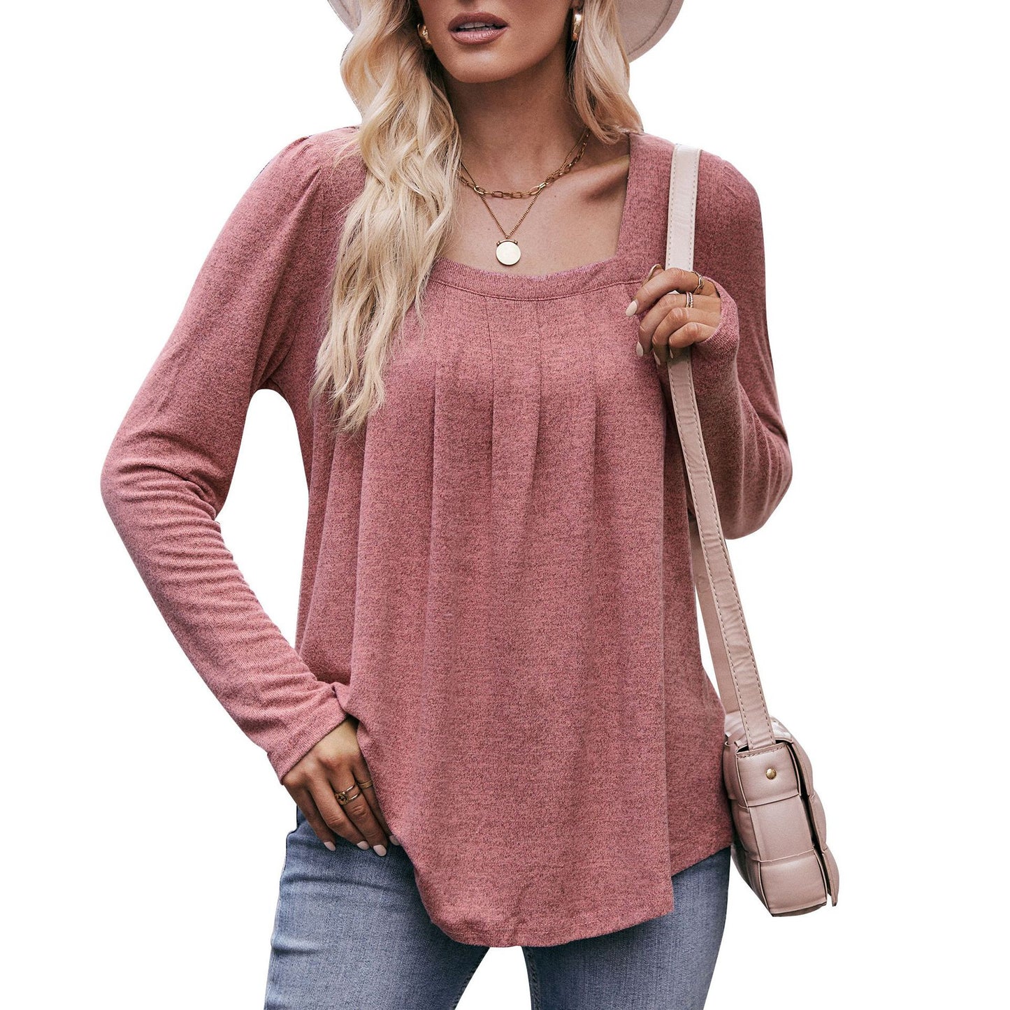 Square Neck Pleated Long Sleeve Top for Women