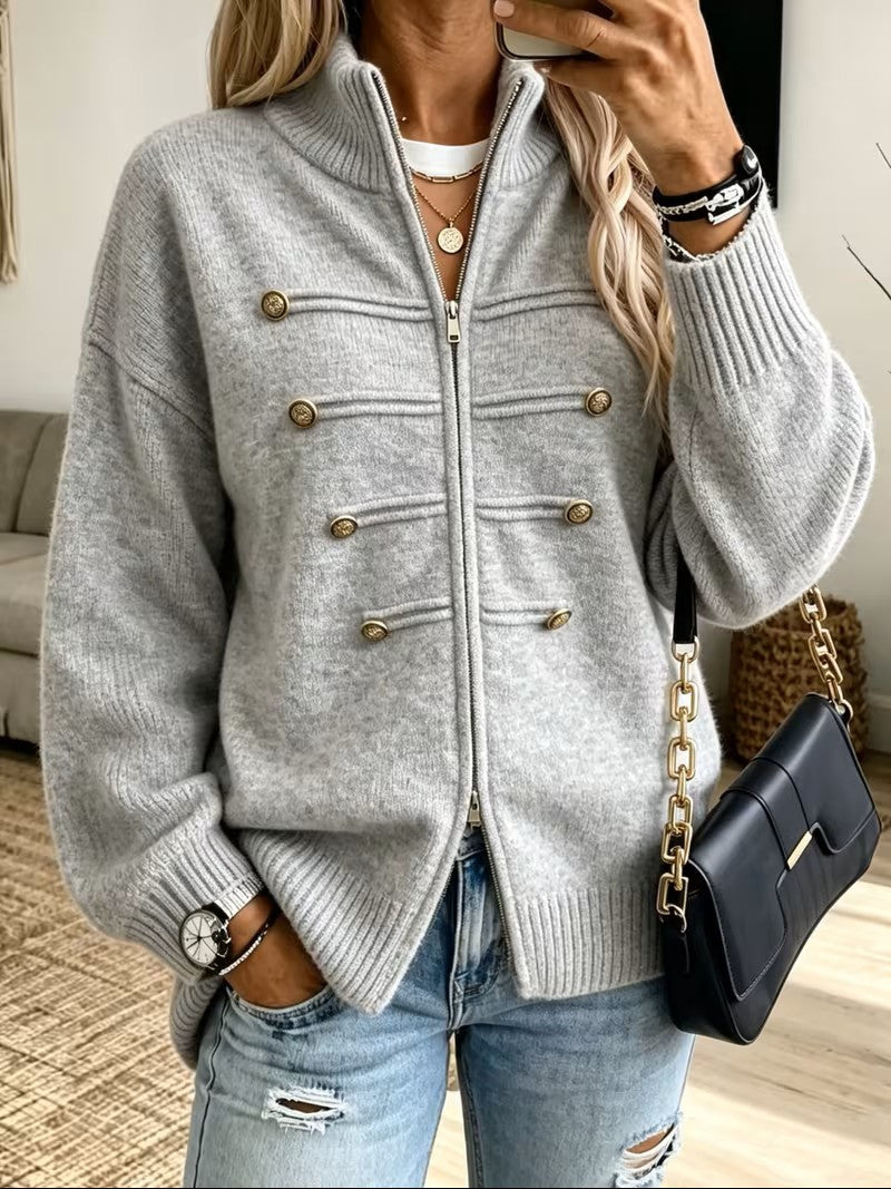 Womens Oversized Zip Up Cardigan Button Detail Mock Neck