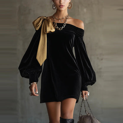Black Mini Dress Off Shoulder Contrast Bow Puff Sleeve