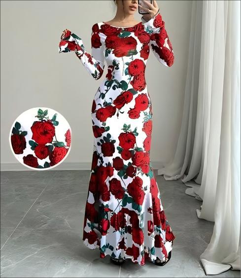 Women's Rose Print Bell Sleeve Bodycon Maxi Dress
