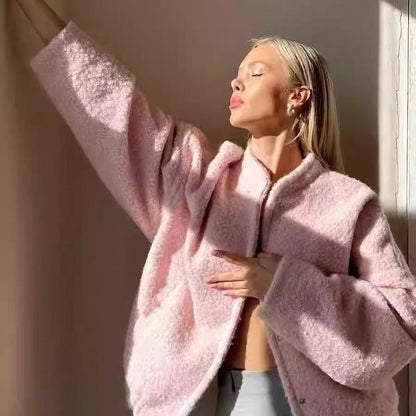Women's Pink Cropped Sherpa Fleece Jacket Winter Coat