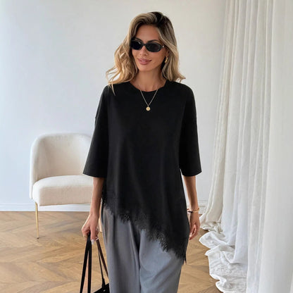 Lace Hem Cotton T Shirt Oversized Short Sleeve Casual Top