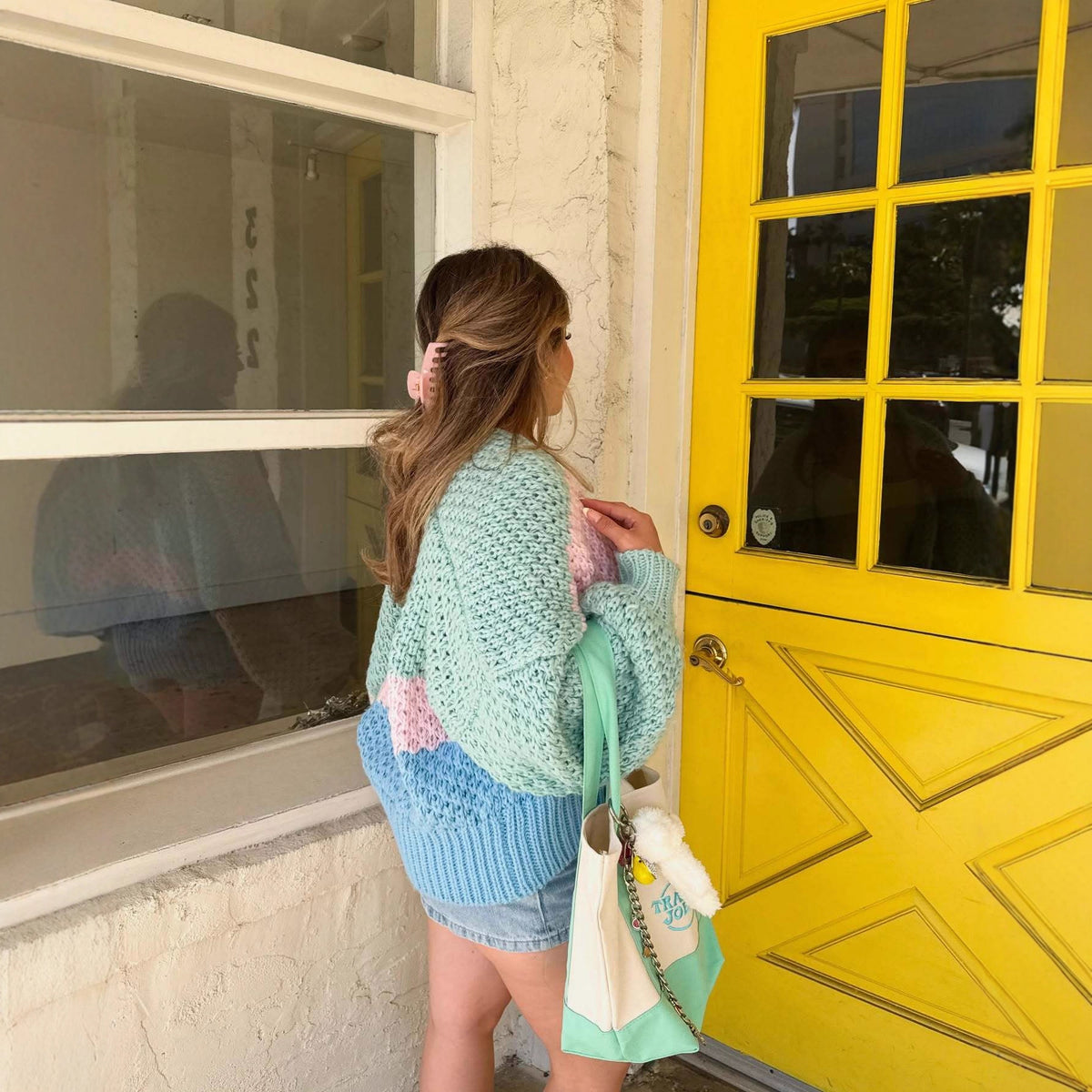 Colorblock V-Neck Chunky Knit Open Front Cardigan