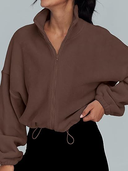 Womens Oversized Fleece Zip Up Jacket Stand Collar Cropped